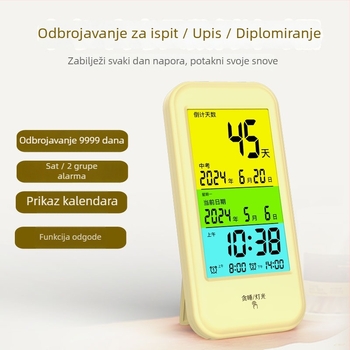 Budilnik s odbrojavanjem za učenike s kalendarskim podsjetnicima, elektronički pogon, LCD brojčani prikaz, napajanje baterijom, plastično kućište, pravokutni oblik
