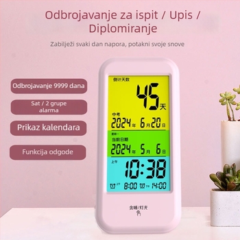 Budilnik s odbrojavanjem za učenike s kalendarskim podsjetnicima, elektronički pogon, LCD brojčani prikaz, napajanje baterijom, plastično kućište, pravokutni oblik