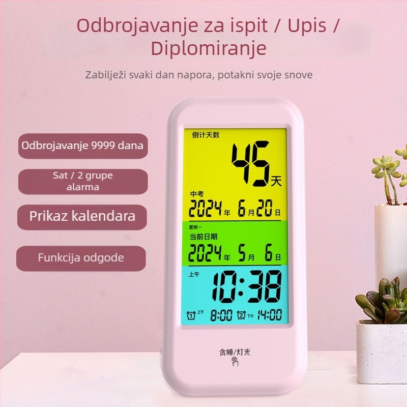 Budilnik s odbrojavanjem za učenike s kalendarskim podsjetnicima, elektronički pogon, LCD brojčani prikaz, napajanje baterijom, plastično kućište, pravokutni oblik