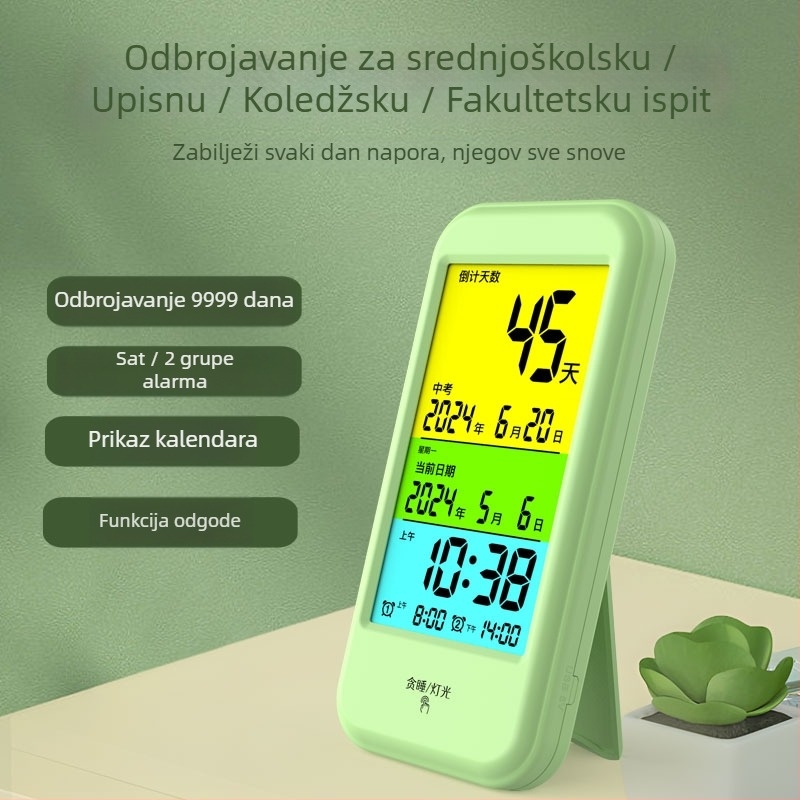 Budilnik s odbrojavanjem za učenike s kalendarskim podsjetnicima, elektronički pogon, LCD brojčani prikaz, napajanje baterijom, plastično kućište, pravokutni oblik
