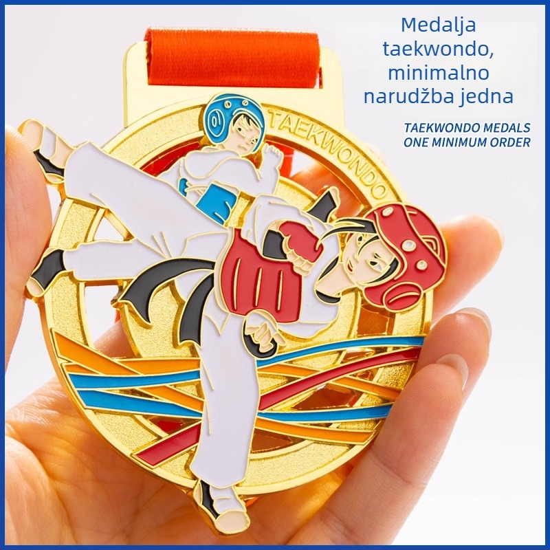 Taekwondo medalja, cinkova legura s pozlaćenim premazom; otisak logotipa uključen; mogućnost prilagodbe; prikladno za pojedinačna priznanja; prihvaćamo miješane serije.
