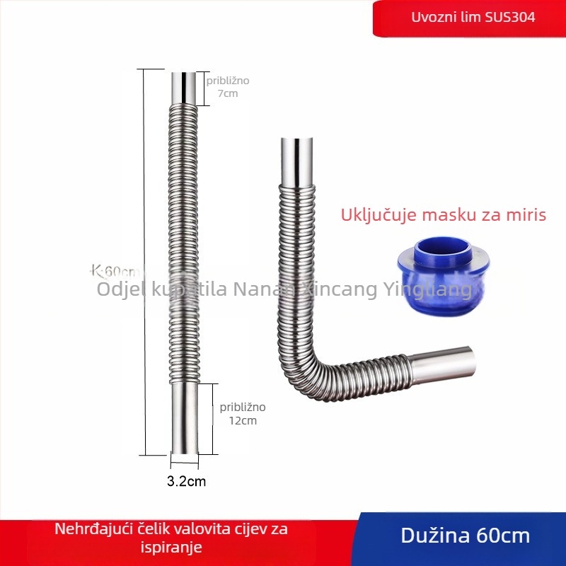 304 nehrđajući čelik, valovita odvodna cijev WC-a, pomični cijev s podesivim ventilom za ispiranje, oblik S