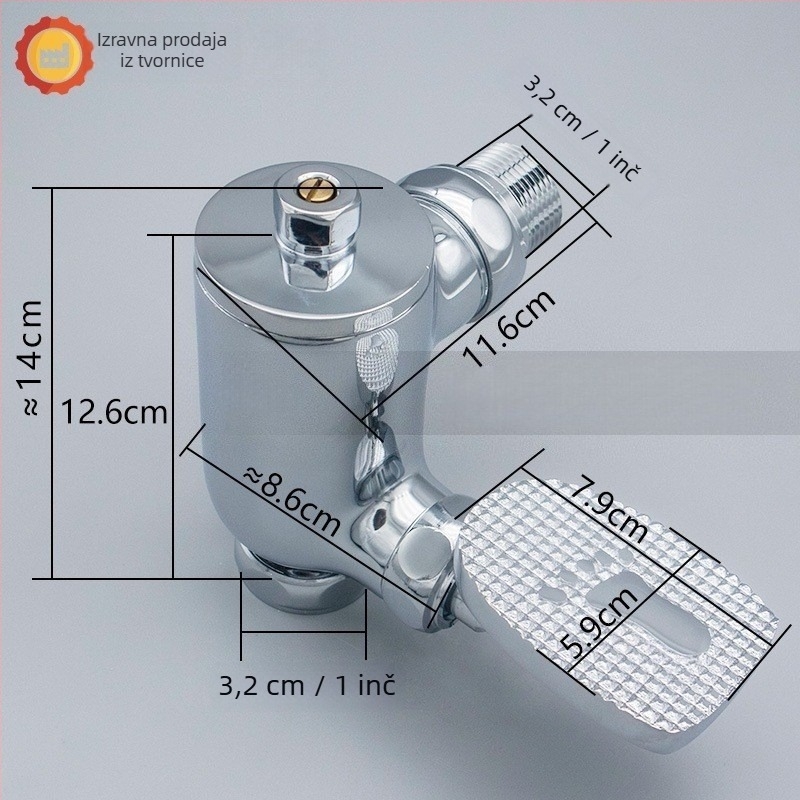 Ventil za ispiranje s pedalom za WC, model 90° zavoj, vrijeme ispiranja 3–8 s, promjer izlaza 1 inč, tlak vode 0.1–1.0 MPa