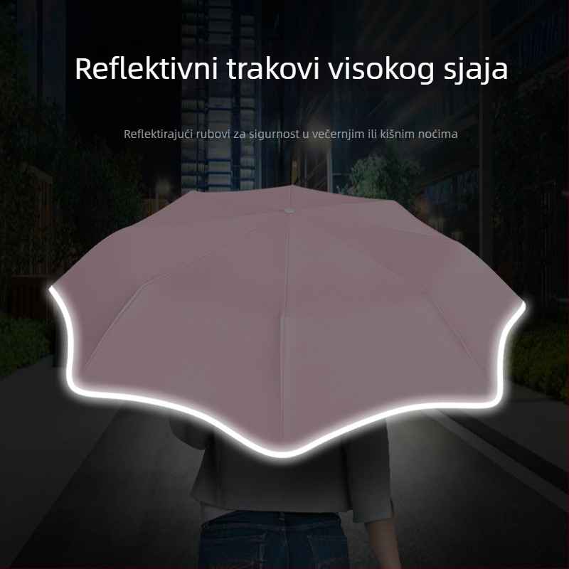 Trostruki sklopivi kišobran s automatskim otvaranjem, reflektirajući rub, ispis logotipa, 8 rebara, tkanina 190T vinil, UPF50+