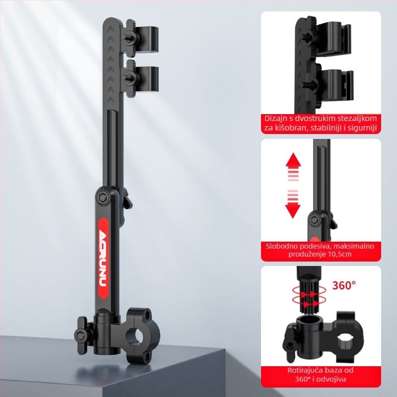 Držač za kišobran za električna vozila — izvučni, sklopivi i stabilni dizajn; odgovara cijevama promjera 2.5 cm; kompatibilan s električnim vozilima, motociklima, biciklima i dječjim kolima.