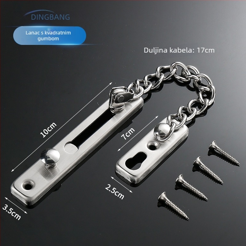 Lanac protiv krađe za vrata – teški čep; Materijal: nehrđajući čelik 201 / cinkova legura; Površinska obrada: poliranje i elektrolitsko galvaniziranje; Model: Anti-theft chain; Stil: moderna jednostavnost