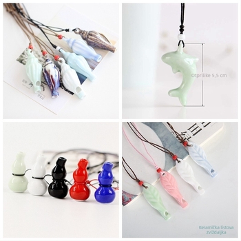 Keramički lančić sa zviždaljkom, s motivom ptice i dizajnom školjke i tikve, materijal porculan, moderan minimalistički stil, pakirano u PP vrećicu.