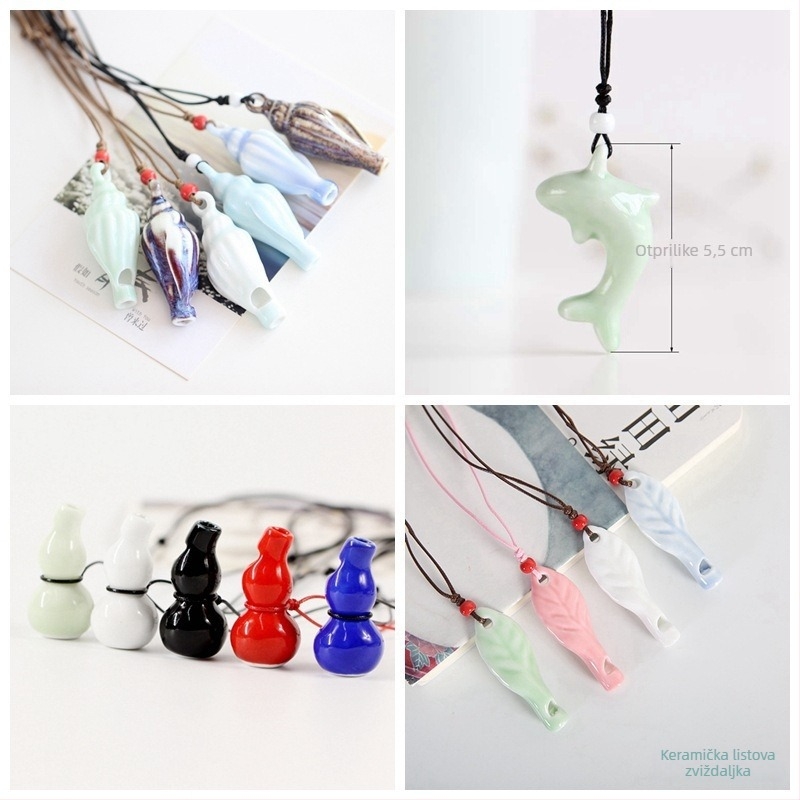 Keramički lančić sa zviždaljkom, s motivom ptice i dizajnom školjke i tikve, materijal porculan, moderan minimalistički stil, pakirano u PP vrećicu.