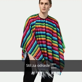 Meksički etnički šal s resama za cosplay — unisex scenska odjeća, poliesterska smjesa, proljeće 2025