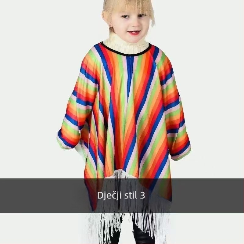 Meksički etnički šal s resama za cosplay — unisex scenska odjeća, poliesterska smjesa, proljeće 2025