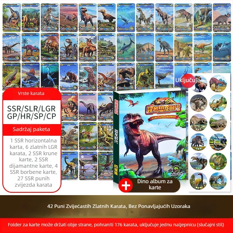 Kartice dinosaura za edukaciju djece – set kartica s albumom i društvenom igrom, papir, brend Pinchi, interaktivna igra roditelj-dijete, u OPP vrećici, uzrast 4–14