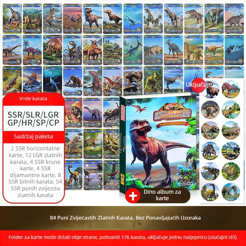 Kartice dinosaura za edukaciju djece – set kartica s albumom i društvenom igrom, papir, brend Pinchi, interaktivna igra roditelj-dijete, u OPP vrećici, uzrast 4–14