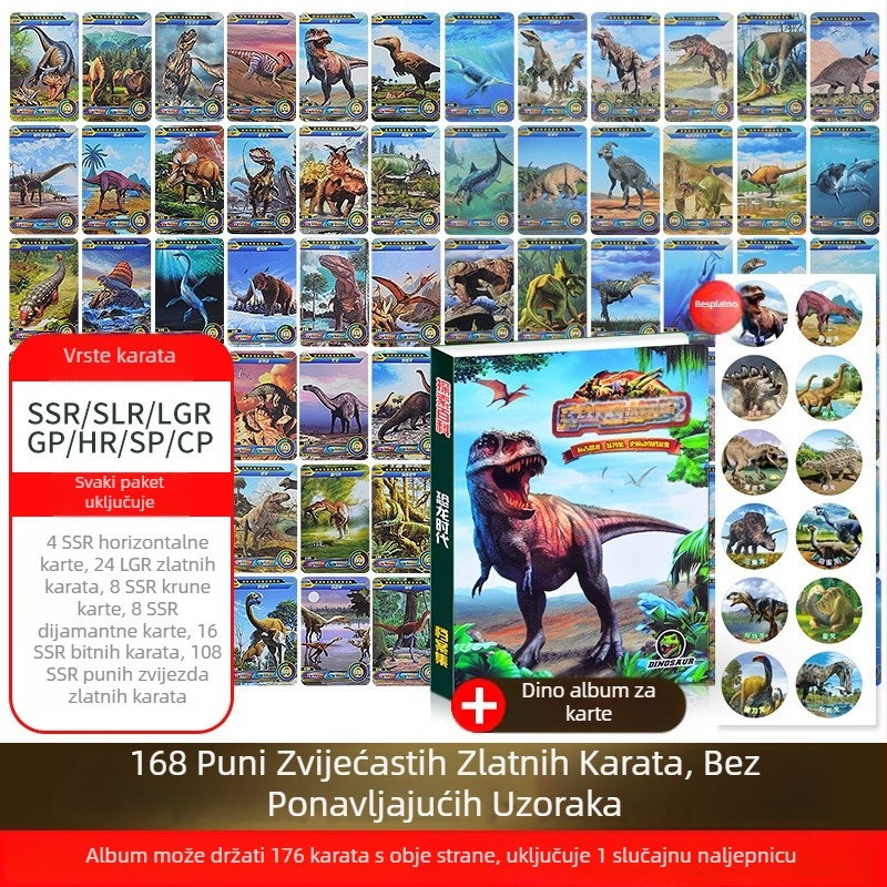 Kartice dinosaura za edukaciju djece – set kartica s albumom i društvenom igrom, papir, brend Pinchi, interaktivna igra roditelj-dijete, u OPP vrećici, uzrast 4–14