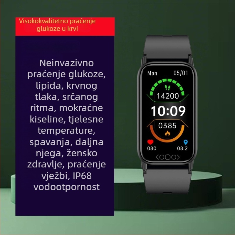 Pametni sportski sat s neinvazivnim višeparametrijskim praćenjem zdravlja: mokraćna kiselina, krvni šećer, krvni tlak, kisik u krvi, lipidi i otkucaji srca; vodootporan za plivanje, IPS zaslon, silikon narukvica, trajanje baterije preko 21 dana