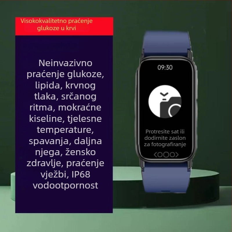 Pametni sportski sat s neinvazivnim višeparametrijskim praćenjem zdravlja: mokraćna kiselina, krvni šećer, krvni tlak, kisik u krvi, lipidi i otkucaji srca; vodootporan za plivanje, IPS zaslon, silikon narukvica, trajanje baterije preko 21 dana
