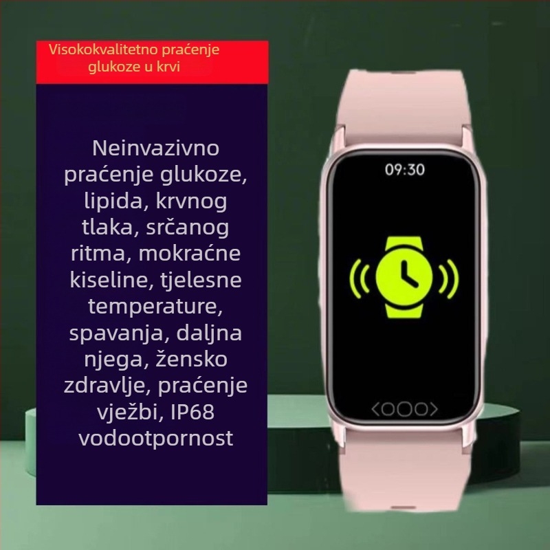 Pametni sportski sat s neinvazivnim višeparametrijskim praćenjem zdravlja: mokraćna kiselina, krvni šećer, krvni tlak, kisik u krvi, lipidi i otkucaji srca; vodootporan za plivanje, IPS zaslon, silikon narukvica, trajanje baterije preko 21 dana