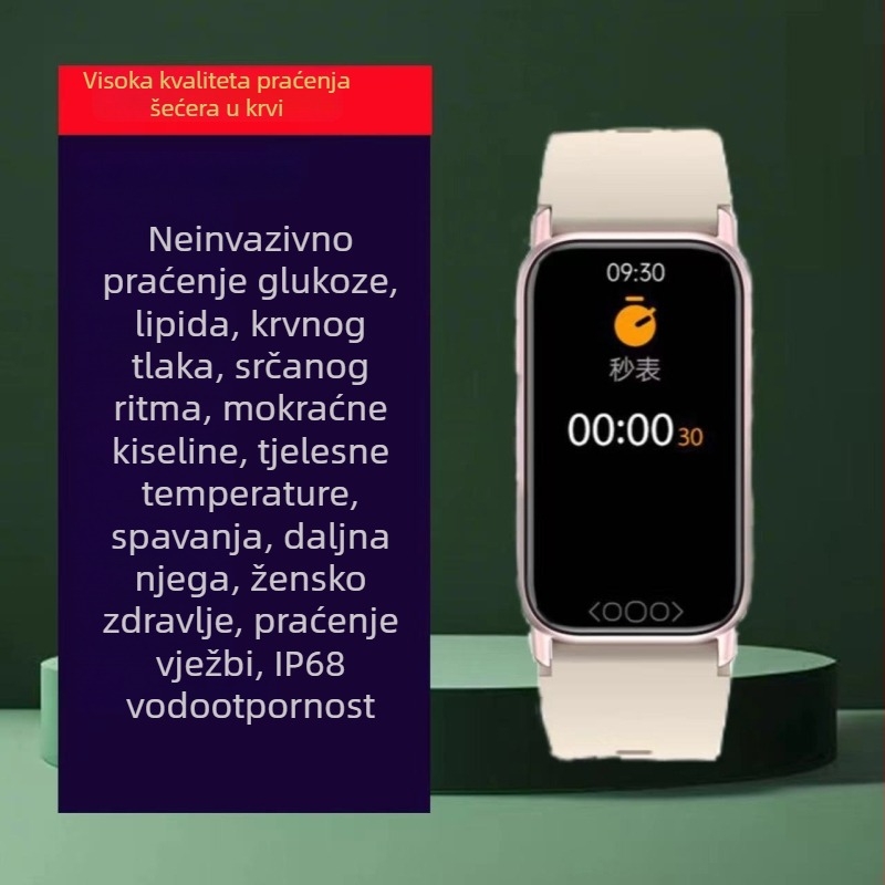 Pametni sportski sat s neinvazivnim višeparametrijskim praćenjem zdravlja: mokraćna kiselina, krvni šećer, krvni tlak, kisik u krvi, lipidi i otkucaji srca; vodootporan za plivanje, IPS zaslon, silikon narukvica, trajanje baterije preko 21 dana