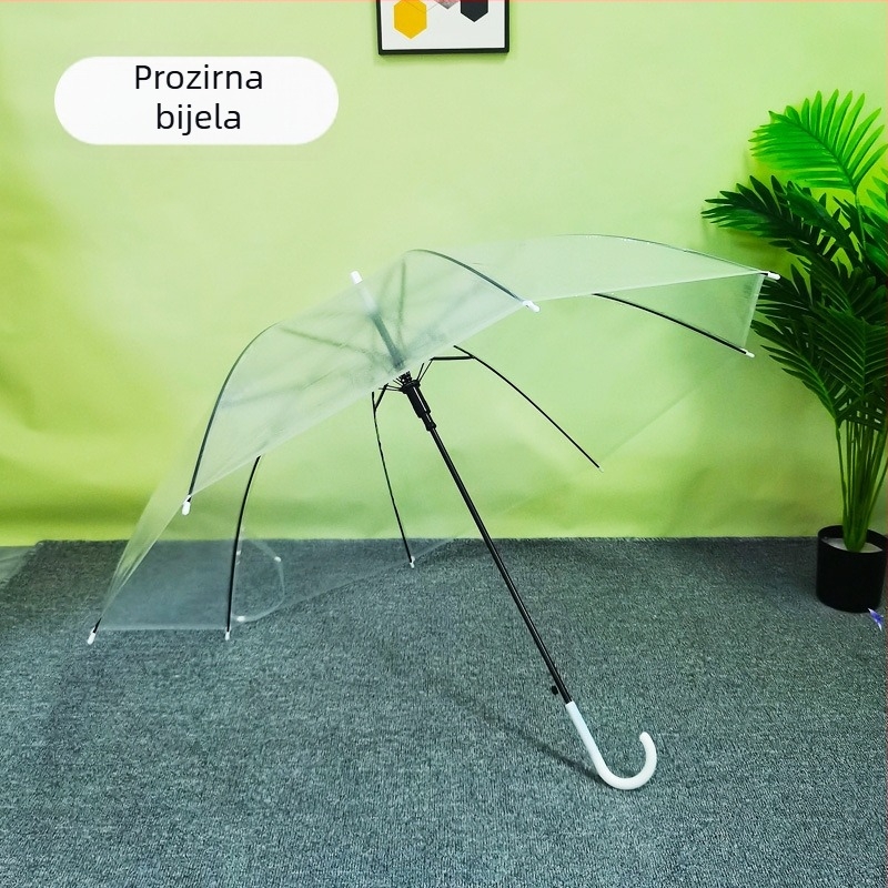 Proziran kišobran s dugim drškom, 8 željeznih rebara, plastični materijal, poluautomatno otvaranje, ispis logotipa