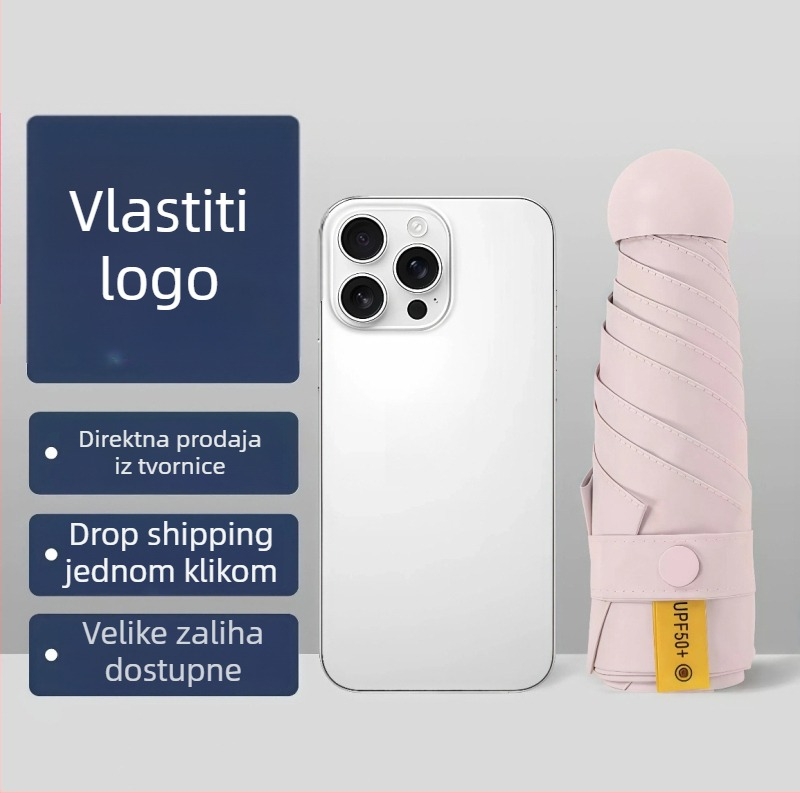 Petsegmentni kišobran za sunce i kišu s UV zaštitom UPF>50, kompaktni kapsulni dizajn, težina 200 g, metalna konstrukcija s 6 rebara