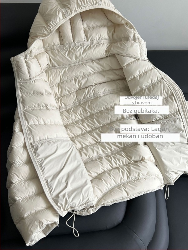 Ženska puffer jakna s kapuljom, slobodan kroj, najlon tkanina, sadržaj perja 86–90%, punjenje 101–200 g