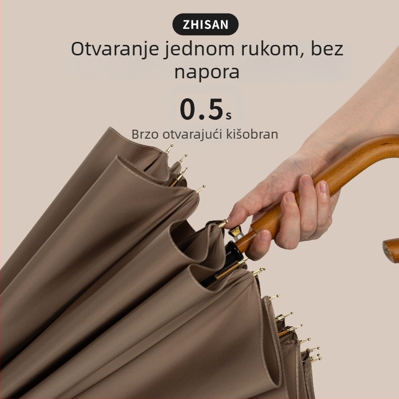 Kišobran sa 16 rebara, duga drška od masivnog drveta, otporan na vjetar, poluautomatsko otvaranje