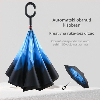 Dvostruki sloj potpuno automatski obrnuti kišobran za auto, 8-žilna konstrukcija s vlaknima, otporan materijal, automatsko otvaranje i zatvaranje, duga drška, tisk logotipa, mogućnost prilagodbe