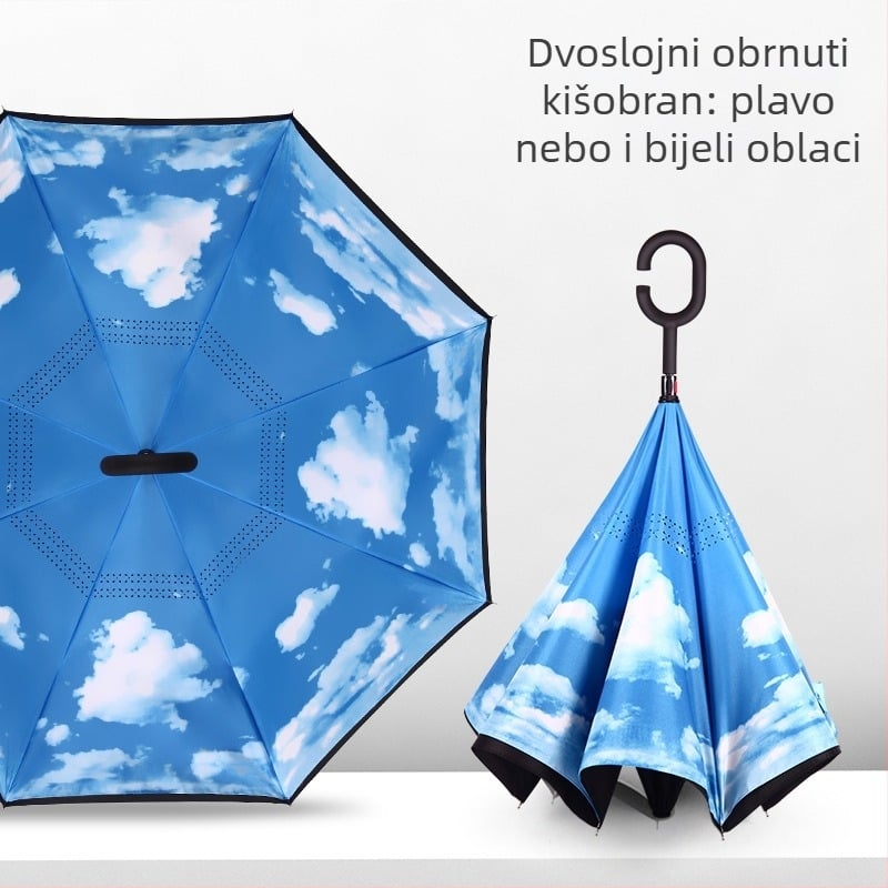 Dvostruki sloj potpuno automatski obrnuti kišobran za auto, 8-žilna konstrukcija s vlaknima, otporan materijal, automatsko otvaranje i zatvaranje, duga drška, tisk logotipa, mogućnost prilagodbe