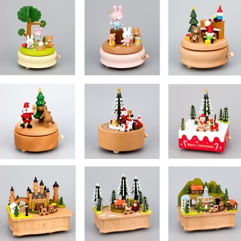 Drvena kutija za glazbu s navijanim mehanizmom — ručna izrada, rotirajuća mini slatka životinjska figura, moderan minimalistički stil