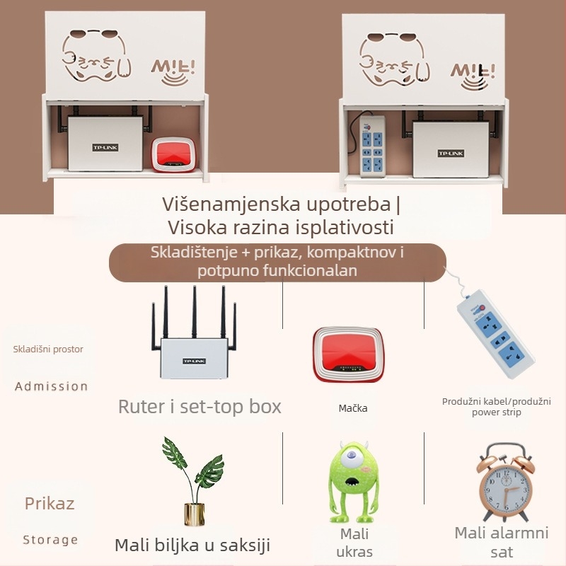 Zidni spremnik za ruter, bez bušenja, montaža na kuku, PVC materijal, 1-slojna polica za ruter i set-top kutiju