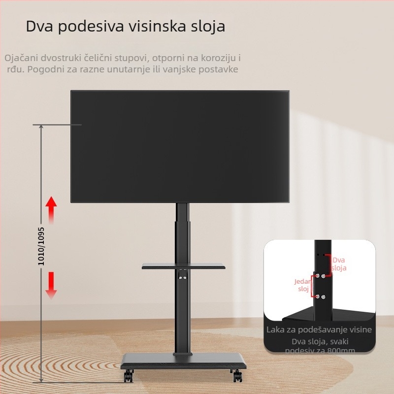 Stalak za TV s podešavanjem visine i mehaničkim upravljanjem, konstrukcija od hladno valjanog čelika, model M55_, nosivost 15 kg+