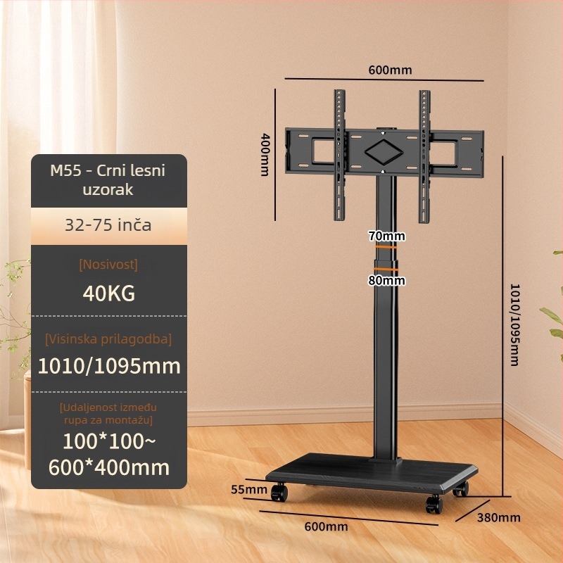 Stalak za TV s podešavanjem visine i mehaničkim upravljanjem, konstrukcija od hladno valjanog čelika, model M55_, nosivost 15 kg+