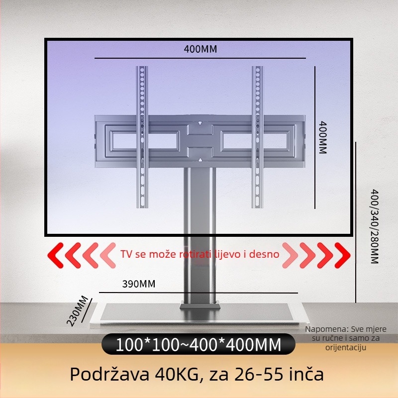 Universalni stalak za televizor, držač bez bušenja, nosač za podizanje monitora na stol, kompatibilan s Hisense, Xiaomi i Skyworth, od hladno valjanog čelika, nosivost preko 15 kg, moguć i na zid