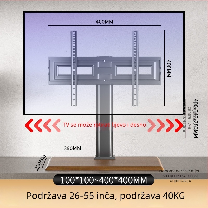 Universalni stalak za televizor, držač bez bušenja, nosač za podizanje monitora na stol, kompatibilan s Hisense, Xiaomi i Skyworth, od hladno valjanog čelika, nosivost preko 15 kg, moguć i na zid