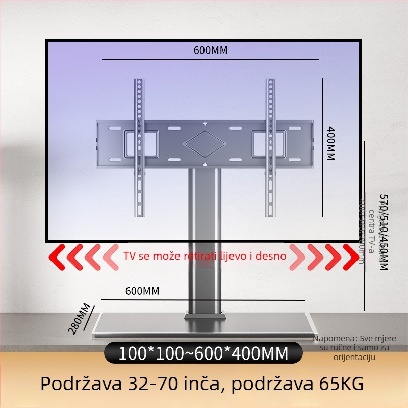 Universalni stalak za televizor, držač bez bušenja, nosač za podizanje monitora na stol, kompatibilan s Hisense, Xiaomi i Skyworth, od hladno valjanog čelika, nosivost preko 15 kg, moguć i na zid