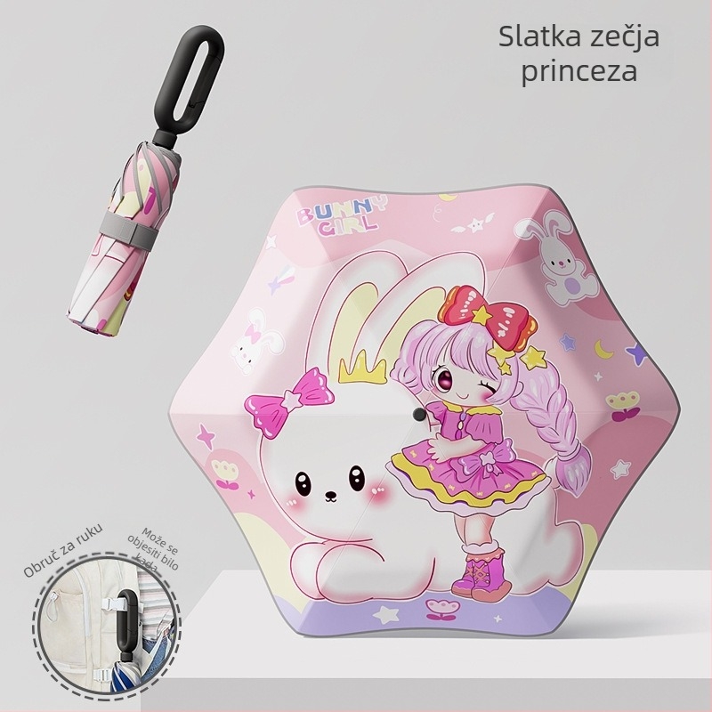 Dječji kišobran s 6 rebara, crtani dizajn, zaobljeni sigurnosni rub, 190T platno, vlaknaste rebra, čelična šipka, ručno otvaranje/zatvaranje