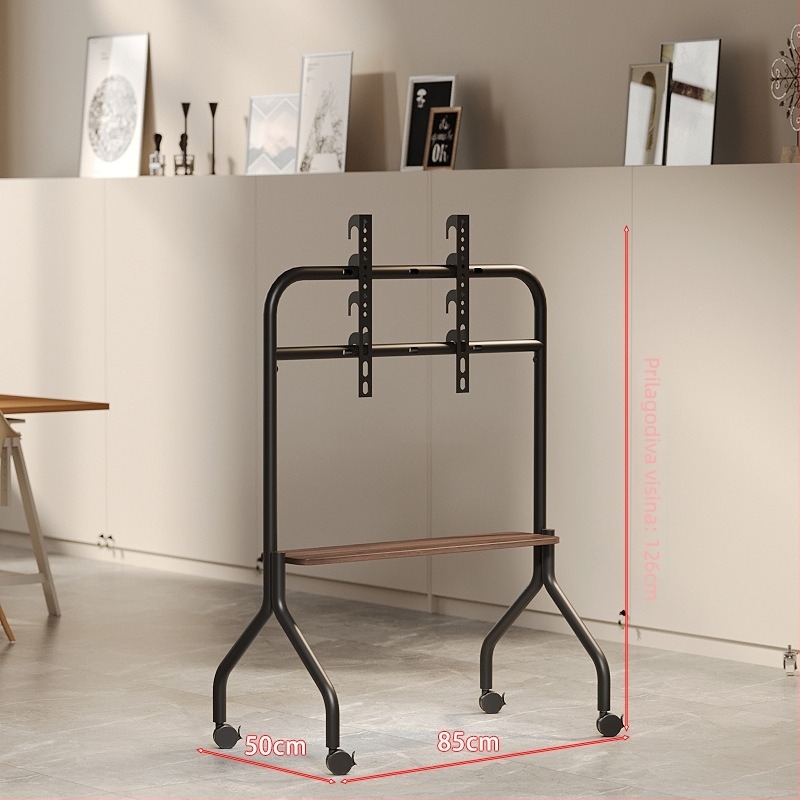 Televizijski podni stalak od nehrđajućeg čelika, orašasto drvene police, mobilni stalak s univerzalnim kotačićima