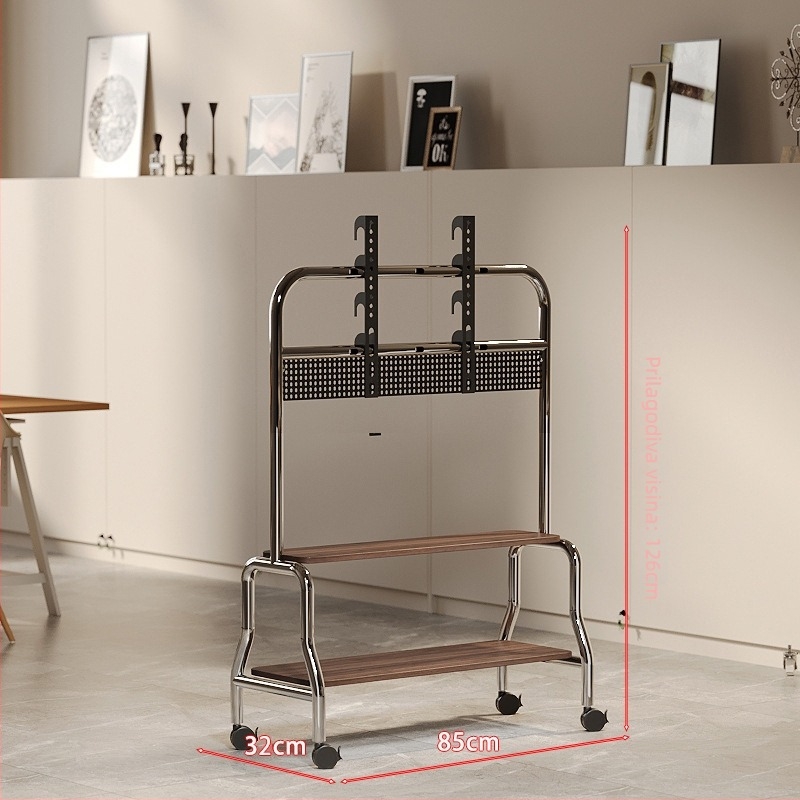 Televizijski podni stalak od nehrđajućeg čelika, orašasto drvene police, mobilni stalak s univerzalnim kotačićima