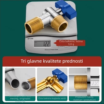 Mesingani kutni kuglasti ventil za plinski bojler, veliki protok, zidni priključak, potpuno otvoren