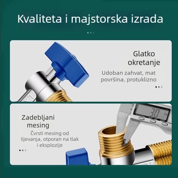 Mesingani kutni kuglasti ventil za plinski bojler, veliki protok, zidni priključak, potpuno otvoren