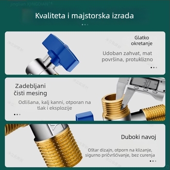Mesingani kutni kuglasti ventil za plinski bojler, veliki protok, zidni priključak, potpuno otvoren