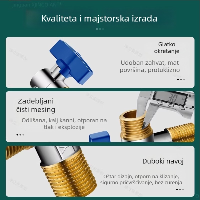 Mesingani kutni kuglasti ventil za plinski bojler, veliki protok, zidni priključak, potpuno otvoren