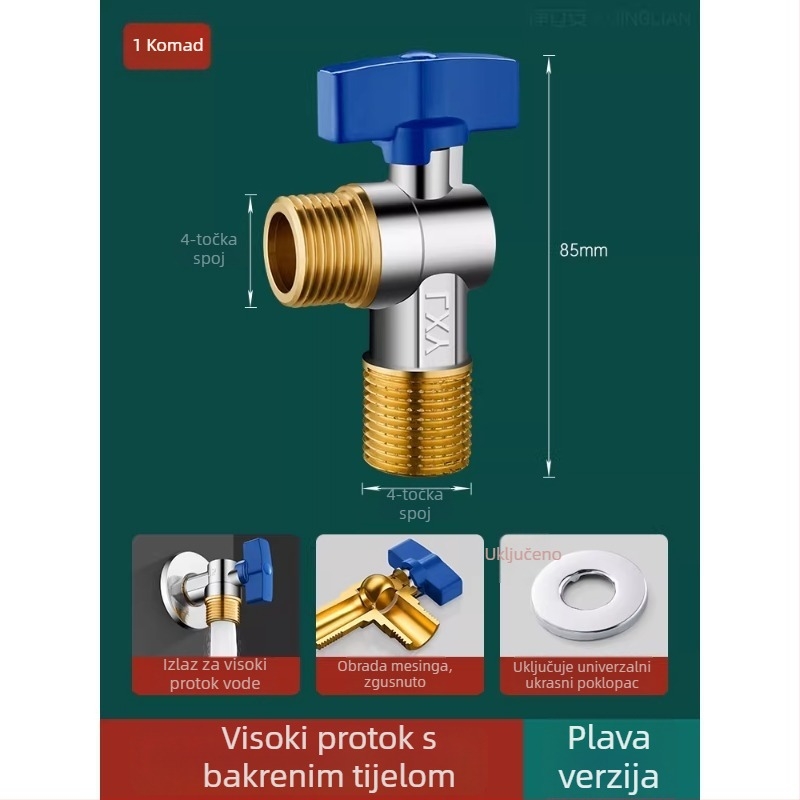 Mesingani kutni kuglasti ventil za plinski bojler, veliki protok, zidni priključak, potpuno otvoren
