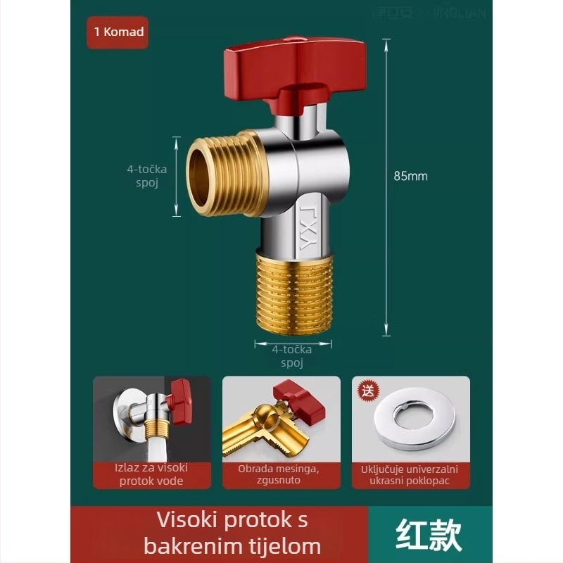 Mesingani kutni kuglasti ventil za plinski bojler, veliki protok, zidni priključak, potpuno otvoren