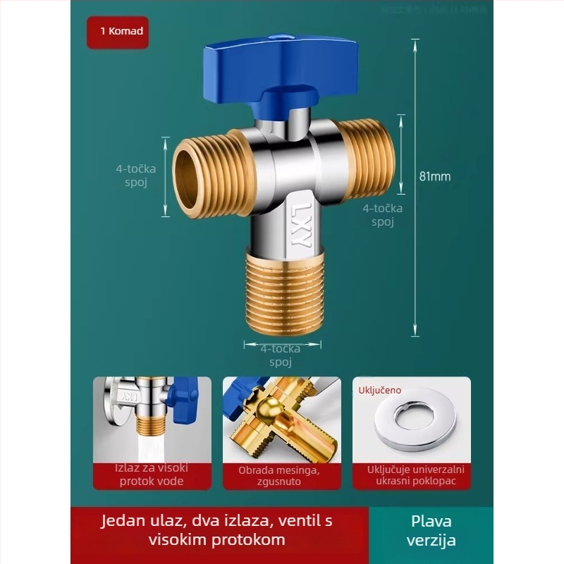 Mesingani kutni kuglasti ventil za plinski bojler, veliki protok, zidni priključak, potpuno otvoren