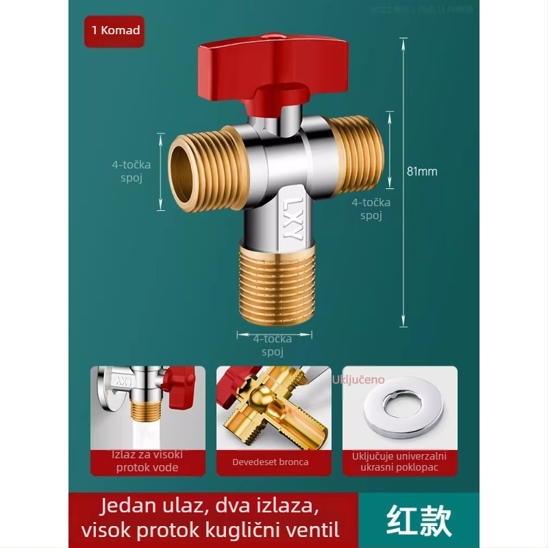 Mesingani kutni kuglasti ventil za plinski bojler, veliki protok, zidni priključak, potpuno otvoren
