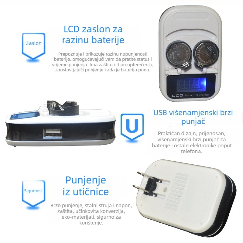 Punjač LIR2032 za tipkaste ćelije s LCD zaslonom, DC 4.2V, 300mAh, RoHS, ulaz 100-240V AC