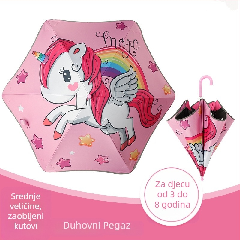 Dječji kišobran s dizajnom dinosaura Pegasa, 6-rebrni okvir, tkanina 190T, UV zaštita PA+++, reflektirajuća traka.