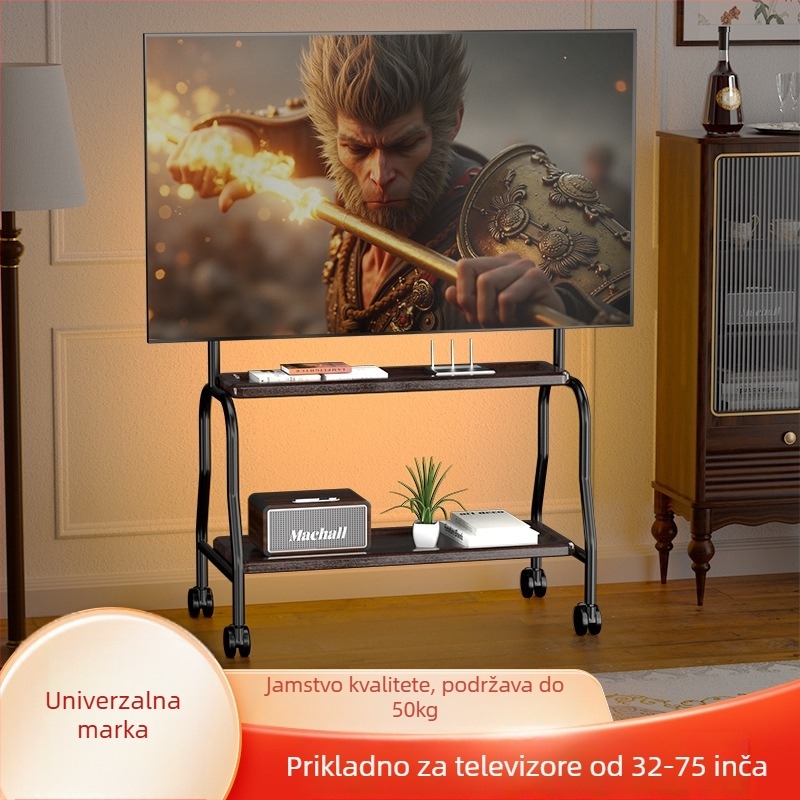 Prenosivi podni stalak za TV s kotačićima, univerzalna kompatibilnost; nosivost 15 kg ili više; okvir od hladno valjanog čelika; može se montirati na zid; mehaničko upravljanje.