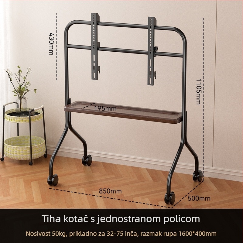 Prenosivi podni stalak za TV s kotačićima, univerzalna kompatibilnost; nosivost 15 kg ili više; okvir od hladno valjanog čelika; može se montirati na zid; mehaničko upravljanje.