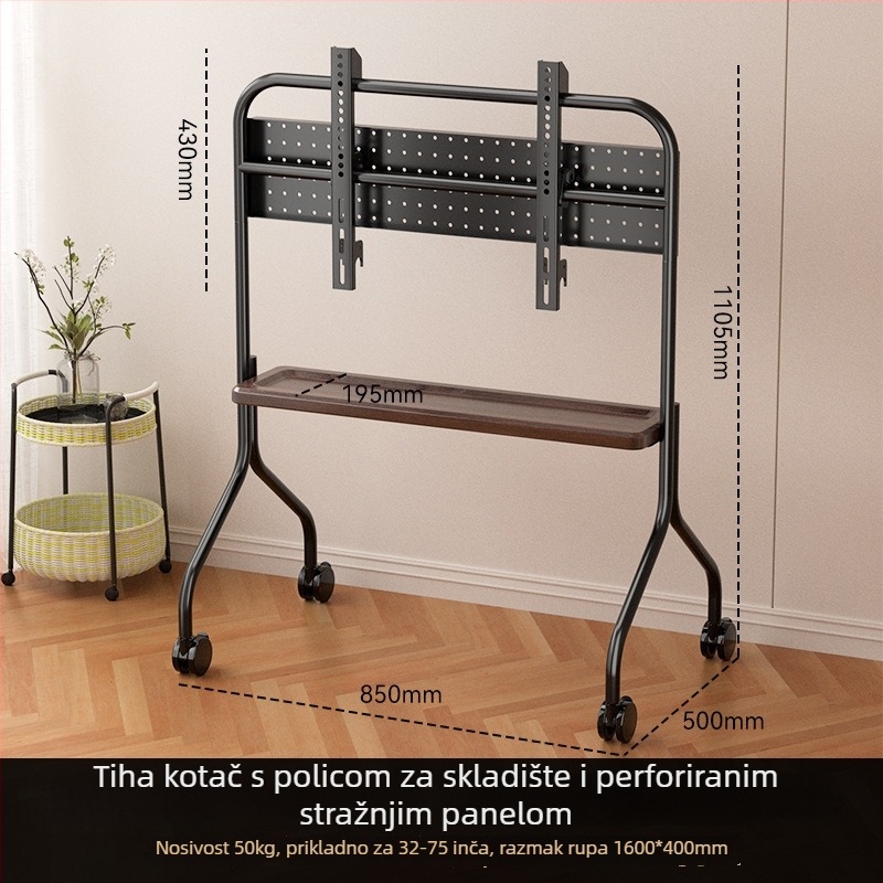 Prenosivi podni stalak za TV s kotačićima, univerzalna kompatibilnost; nosivost 15 kg ili više; okvir od hladno valjanog čelika; može se montirati na zid; mehaničko upravljanje.
